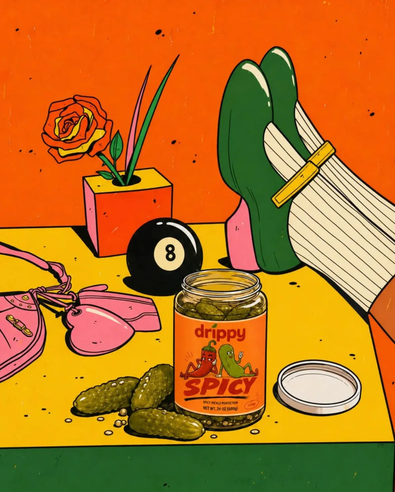 Illustration: feet up on a table next to an open jar of drippy SPICY pickles and an 8-ball