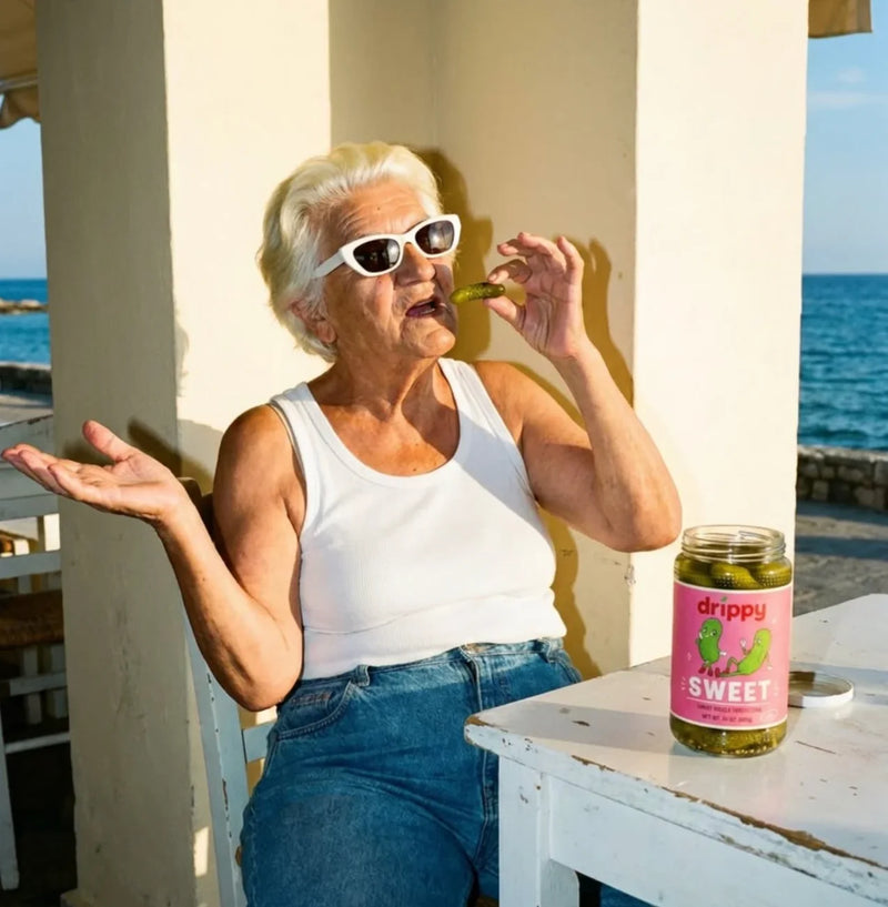 Grandmother in white sunglasses eating a pickle by the sea, a jar of drippy SWEET pickles beside her